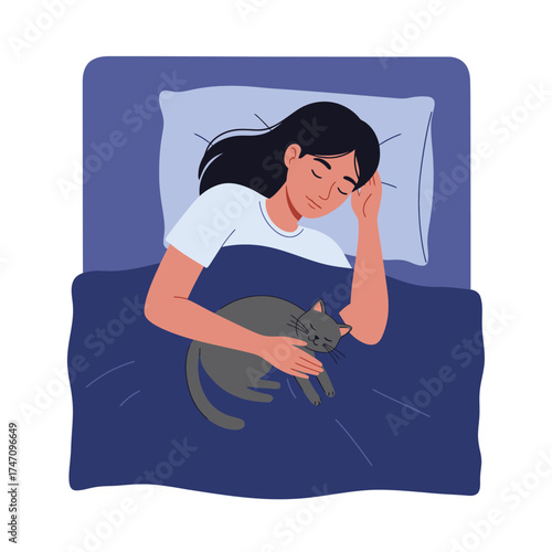 Woman sleeping comfortably in bed with her cat cozy nighttime relaxation illustration