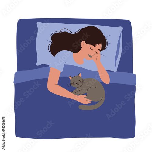 Woman sleeping comfortably in bed holding pet cat under blanket peaceful nighttime scene illustration