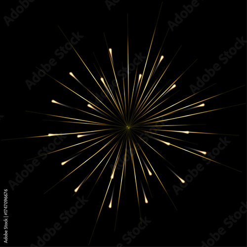 Golden Firework Starburst – Radiant Sparkler Burst Overlay, Elegant Gold Firework Trails – Celebration Light Burst, Single Golden Firework – Radiating Sparkle Overlay