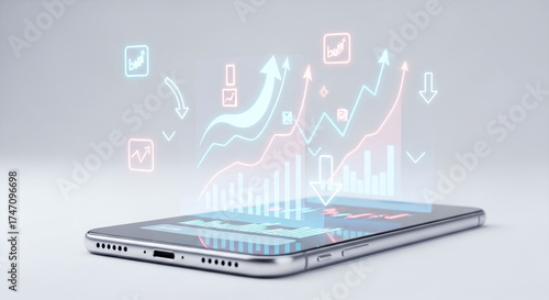Smartphone Displaying Holographic Upward Trend Stock Market Charts and Graphs mobile isolated on a transparent background