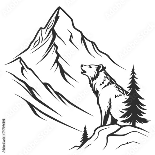 Black line art wolf howling at mountain peak nature