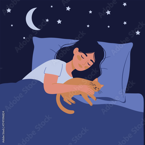 Peaceful night sleep a young woman hugs her cat under a starry sky illustration