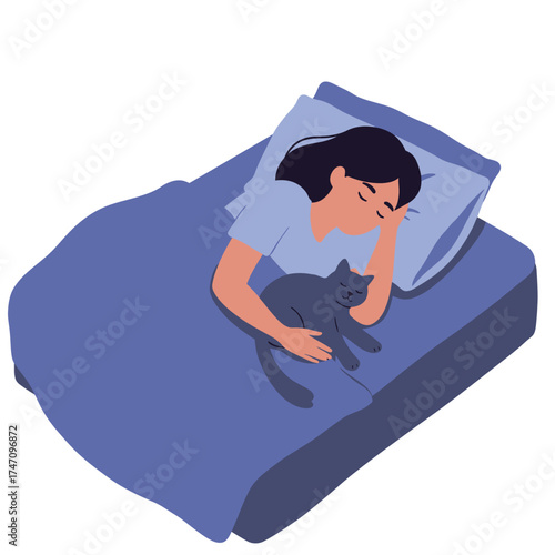 Woman hugging cat tightly while sleeping peacefully in comfortable bed under duvet illustration