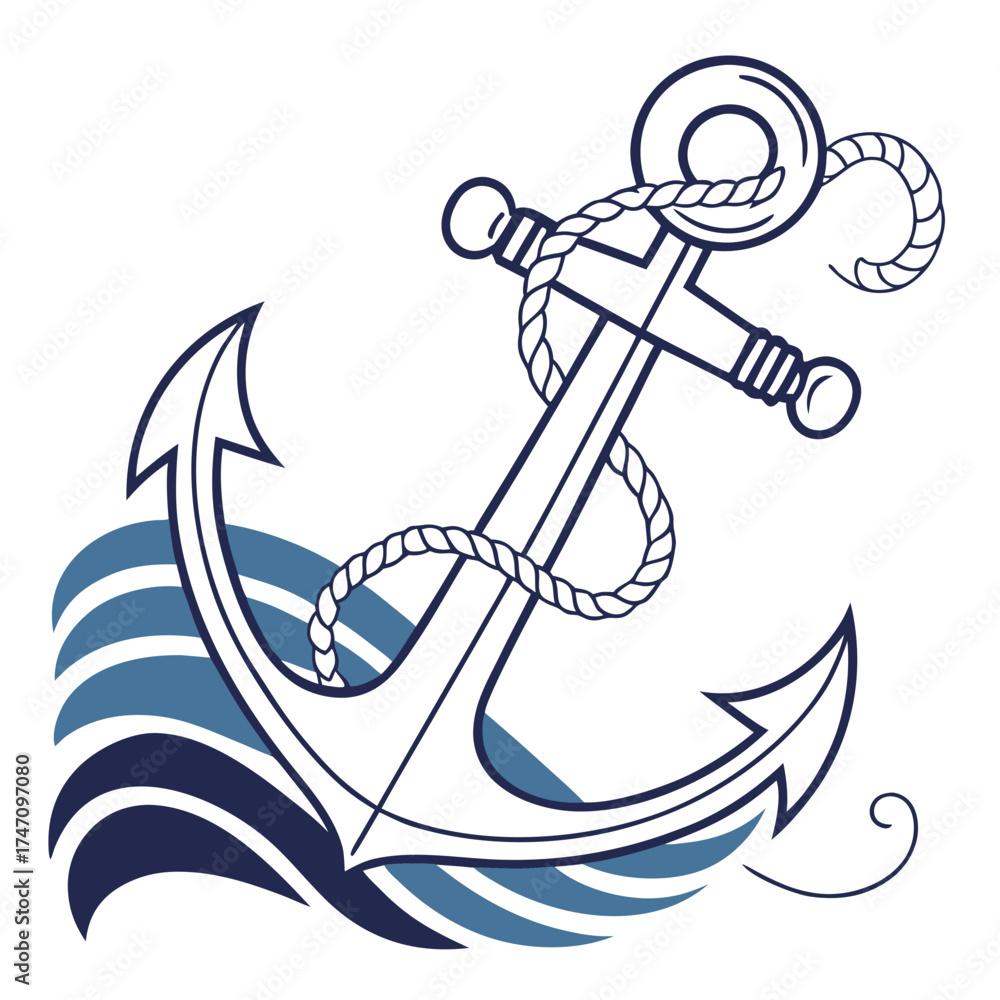 Naklejka premium Navy anchor with rope and blue wave pattern nautical