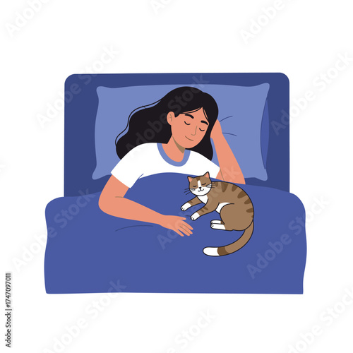 Woman sleeping peacefully in bed with her beloved cat companion nearby illustration
