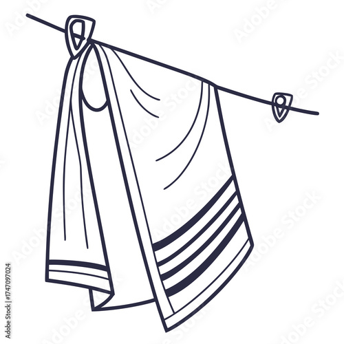 Folded beach towel icon with stripes hanging on line