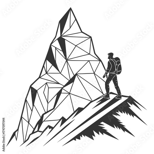 Hiker on abstract polygonal mountain peak climbing