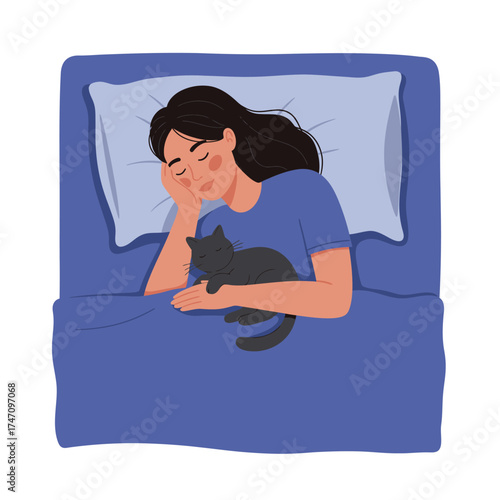 Peaceful woman sleeping soundly in bed with beloved pet cat companion at night illustration