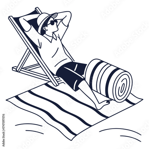 Man in deck chair on striped towel with rolled towel
