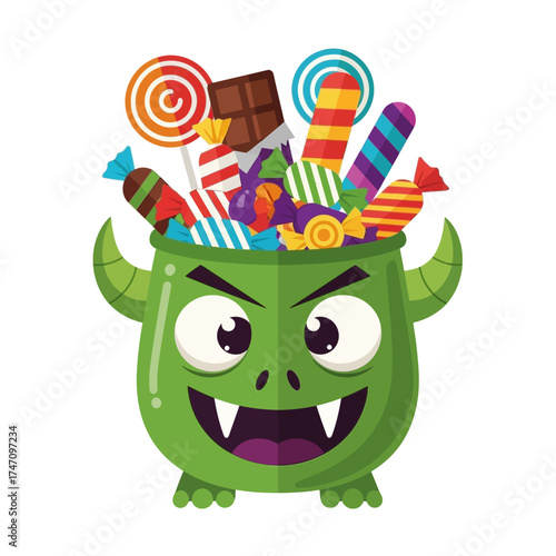 Green Monster Pot Filled with Assorted Halloween Candies and Sweets.