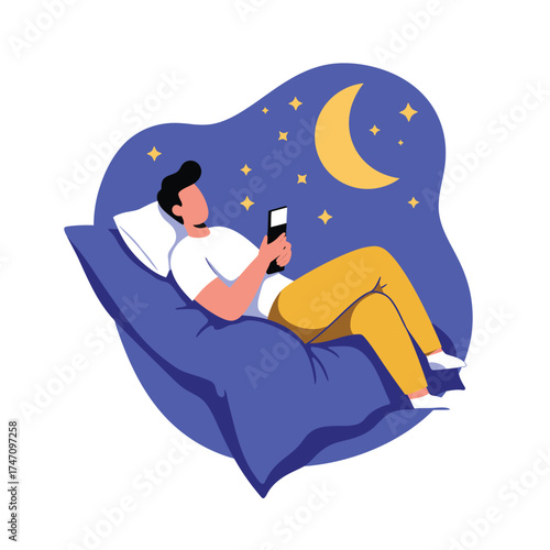 Man relaxing with smartphone in bed under a starry night sky and crescent moon illustration