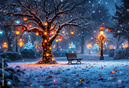 Snowy park at night decorated with colorful Christmas lights on trees and lampposts with a bench winter isolated on a transparent background
