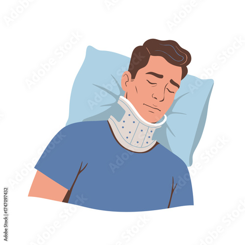 Man wearing a cervical collar resting on a pillow recovering from injury illustration