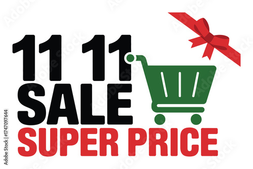 Big sale event with shopping cart and festive ribbon, promoting super prices