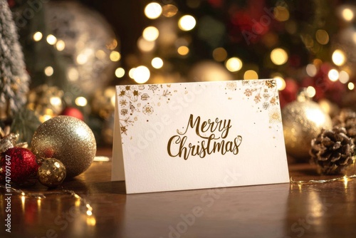 A beautifully designed Christmas card displays the message Merry Christmas on a wooden table. Surrounding it are shiny ornaments, pine cones, and soft warm lights, creating a cozy holiday atmosphere
