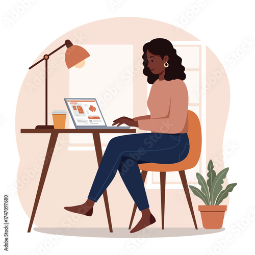 Woman working remotely typing on laptop at desk with lamp and plant illustration