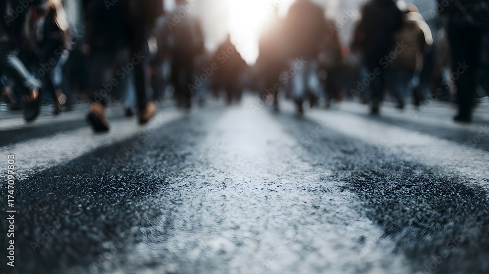 Obraz premium Low angle view of a blurred crowd crossing a wet street at a pedestrian crossing under bright daylight
