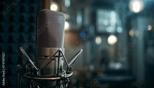 Isolated vocal booth captured midframe with a condenser microphone clear and precise while softly diffused soundproof walls create a gentle blur backdrop.