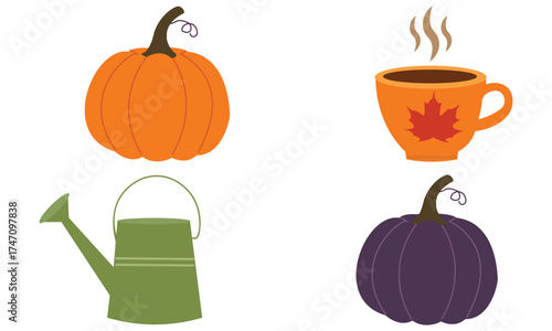 Flat minimalist autumn icon set with orange and purple pumpkins, coffee mug with maple leaf, and green watering can in modern design