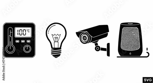 Minimal 4 Icon Vector Set – Smart Home Symbols of Thermostat, Light Bulb, Security Camera and Smart Speaker in Black SVG Outline Style on White Background