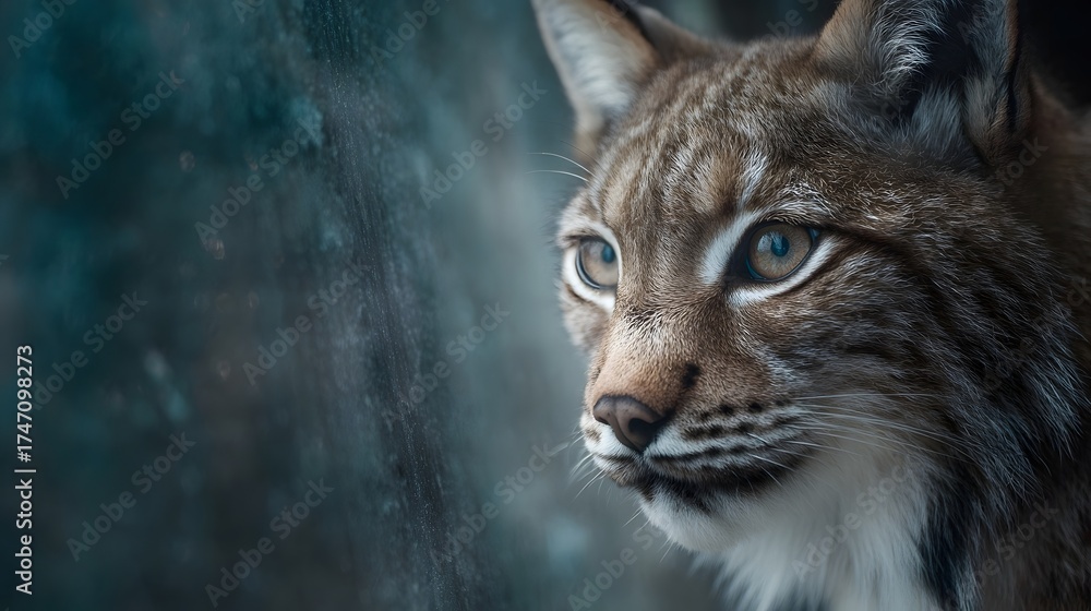 Obraz premium Close up portrait of a lynx with striking blue eyes and detailed fur against a dark moody background