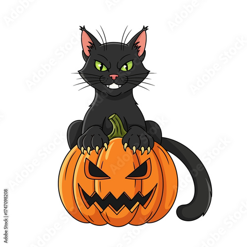 Spooky Black Cat Sitting on a Jack-o-Lantern for Halloween.