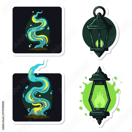 A captivating collection of mystical glowing smoke effects and enchanted vintage lanterns, ideal for fantasy game assets or supernatural design projects.