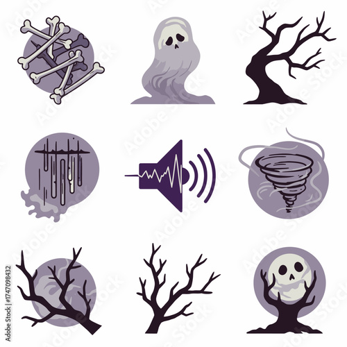 A curated collection of nine distinct, monochromatic vector icons depicting various spooky and mysterious elements, ideal for Halloween-themed designs.