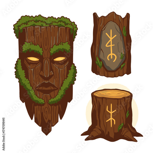 This intriguing illustration showcases a mystical wooden mask adorned with moss and ancient runic symbols carved into weathered tree stumps, evoking natural magic.