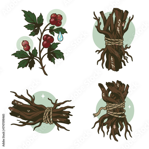 Illustrative set showcasing trees in various environmental states, from destructive storms and deforestation to resilient growth, featuring sound wave graphics.