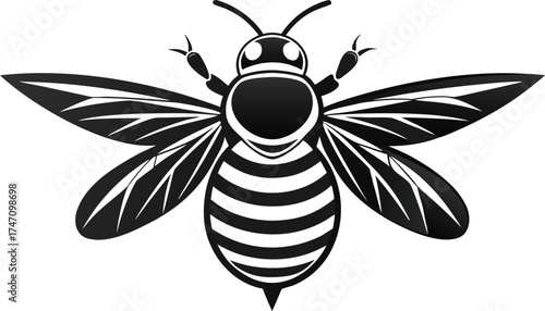 Stylized black and white illustration of a bee with striped abdomen and detailed wings