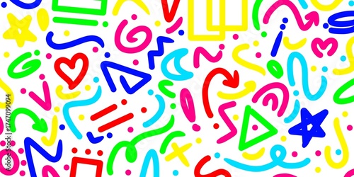 Colorful abstract doodle on white. Colorful line background. Creative minimalist style art background for children or trendy design with basic shapes. Simple childish scribble backdrop