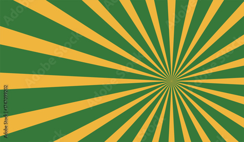 Dynamic green and golden starburst background with energetic radial rays, ideal for nature themes, festival banners, or eye-catching abstract designs.