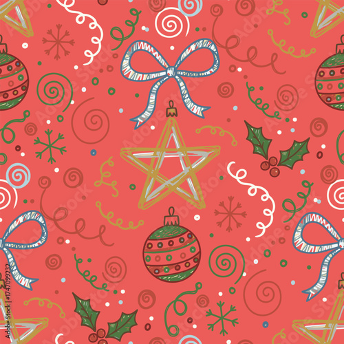 Christmas Pattern Vector. Seamless Star Ornaments, Baubles, Ribbons Pattern. Whimsical Doodle Christmas Background.