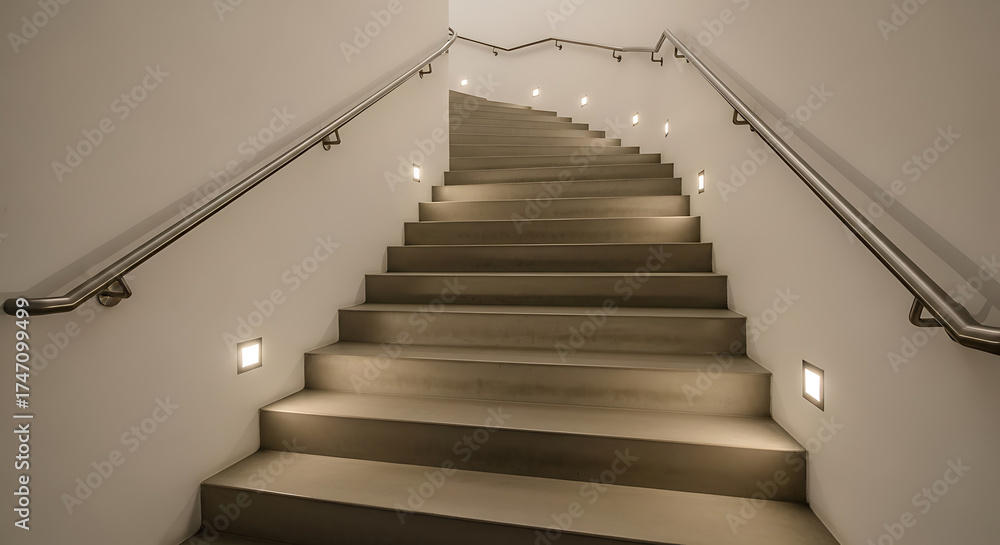 Fototapeta premium Stairway with lights on the wall leading up to the next floor in building