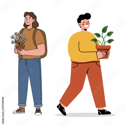 Cheerful friends with potted plants bring happiness and fresh air to any space, perfect for eco-conscious designs and promoting sustainable living