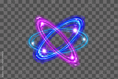 Glowing blue and pink neon energy atom swirl with light trails isolated transparent background PNG