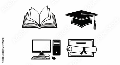 Minimal 4 Icon Vector Set – Education and Learning Symbols of Open Book, Graduation Cap, Computer and Certificate in Black SVG Outline Style on White Background