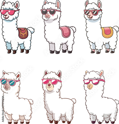 Cute Llama with Sunglasses Cartoon Vector Set - Adorable Alpaca Illustrations