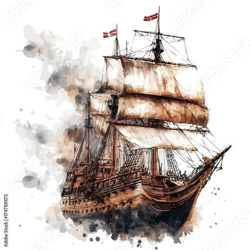 watercolor of Galleon, vector, isolated on a white background.