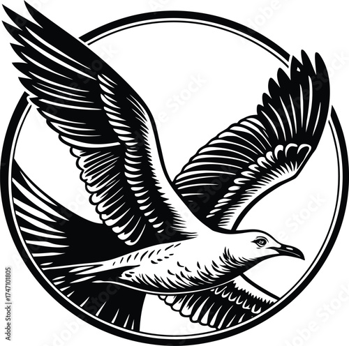 Dynamic Gull Silhouette Vector Icon, Circling Seabird Symbol for Coastal Logos, Travel Apps, and Website Design.

