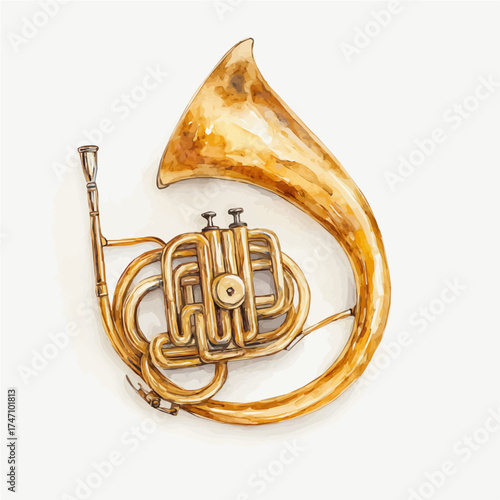 French Horn, watercolor vector, isolated on a white background.
