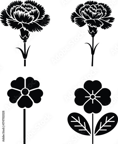 Four stylized black flower silhouettes carnation petal flower designs for elegant decor