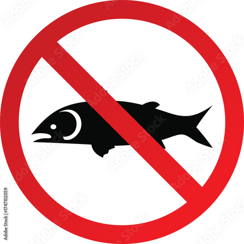 No Fish Allowed Sign – Red Circle with Slash Over Fish Icon, Prohibited Fishing Zone Safety and Wildlife Protection Vector Illustration