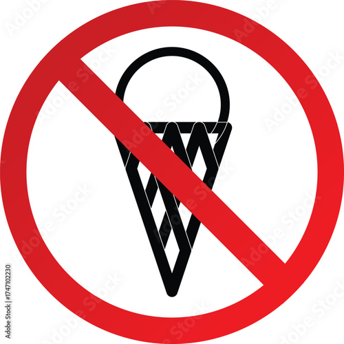 No Ice Cream Sign – Red Circle with Slash Over Ice Cream Icon, Prohibited Food Area and No Dessert Zone Safety Vector Illustration