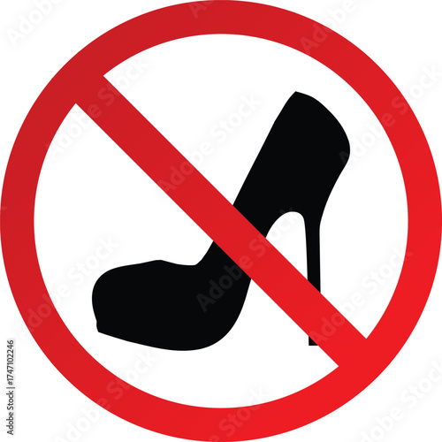 No Heel Sign – Red Circle with Slash Over High Heel Shoe Icon, Prohibited Footwear Area Safety and Dress Code Restriction Vector Illustration