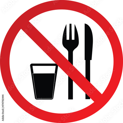 No Restaurant Sign – Red Circle with Slash Over Fork and Knife Icon, Prohibited Dining Area and No Eating Zone Safety Vector Illustration