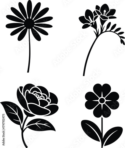 Elegant black and white flower silhouettes collection for artistic designs and floral art