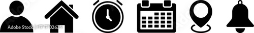 Collection of black silhouette icons representing common daily activities and services