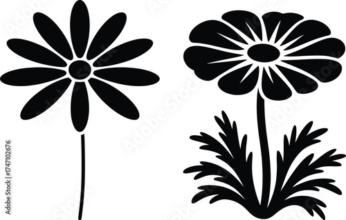 Two stylized black flower silhouettes on botanical art